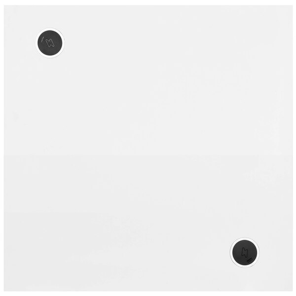 A white square BFM Seating tabletop with black circles and lines.