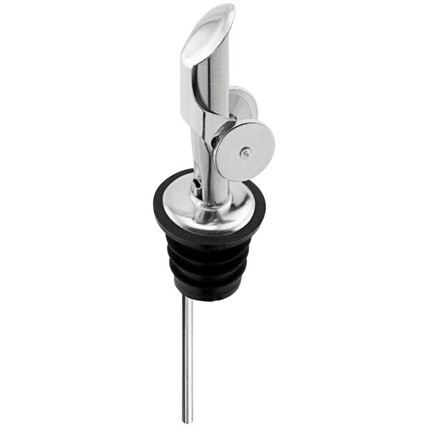 A Franmara stainless steel liquor pourer with a weighted flap spout and vent tube.