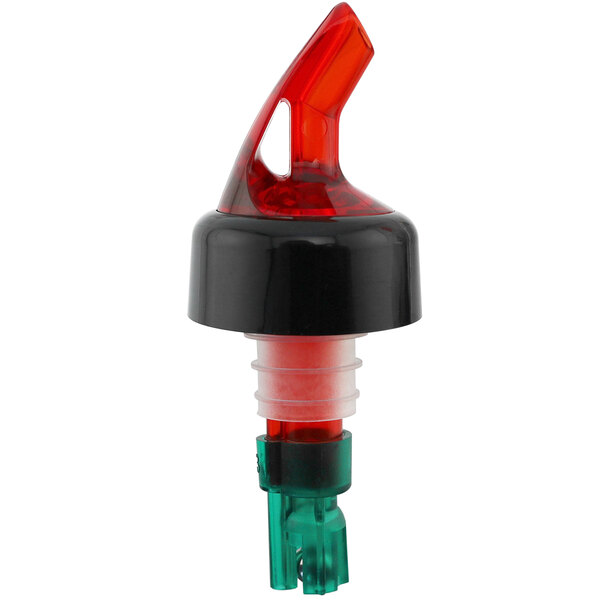 A Franmara red and green measured liquor pourer with a red spout and green tail.