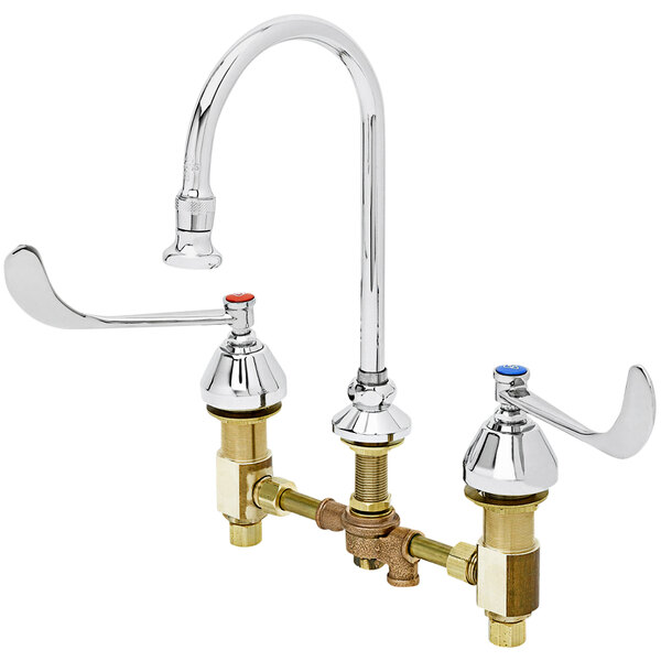 A chrome T&S medical lavatory faucet with a swivel gooseneck and wrist action handles.