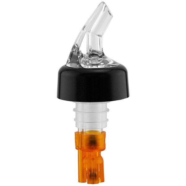 A Franmara clear liquor pourer with a black and orange tail.