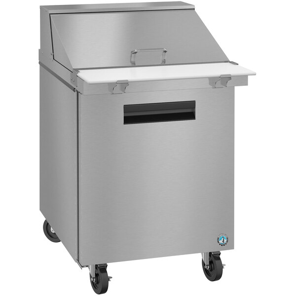 A stainless steel Hoshizaki commercial prep refrigerator with a lid.