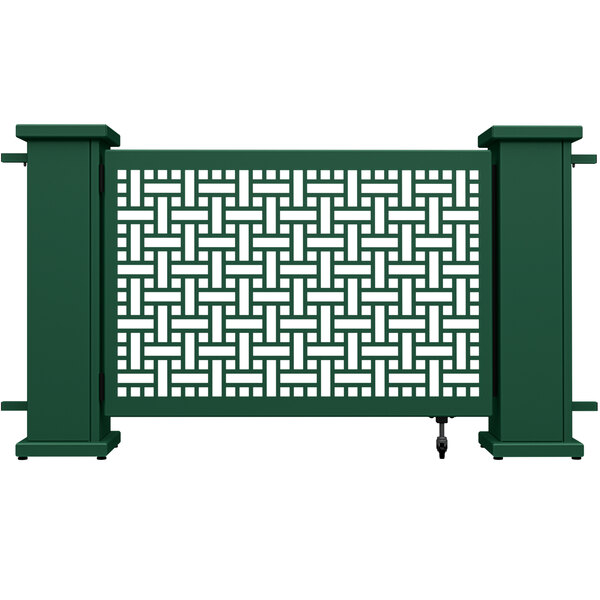A forest green rectangular gate with a square weave pattern.
