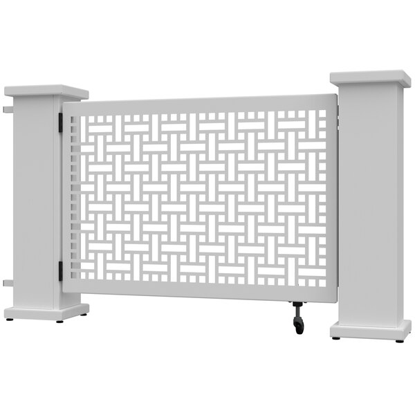 A white rectangular gate with a square weave pattern.