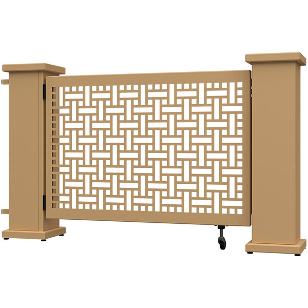 A sand square weave pattern gate with planter stands on each side.