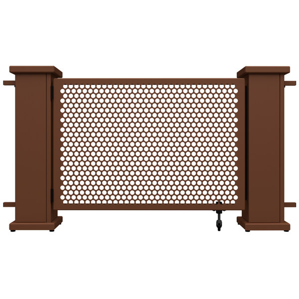 A brown metal screen with white circles on a brown metal fence.