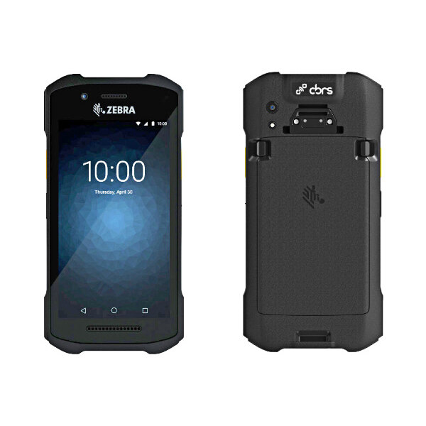 A front and back view of a black Zebra TC21 mobile handheld computer with black handles.