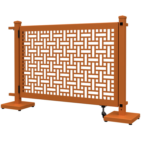 A burnt orange SelectSpace square weave gate with straight and corner stands.