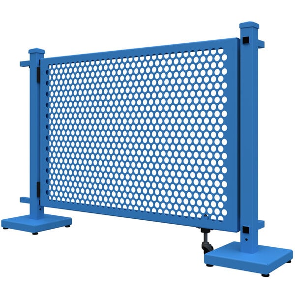 A sky blue metal SelectSpace gate with a circle pattern and corner stands.