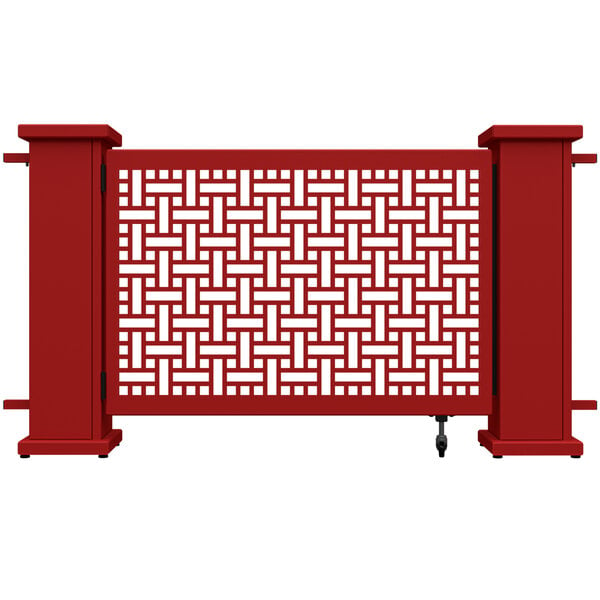 A red rectangular gate with a square weave pattern in a white border.