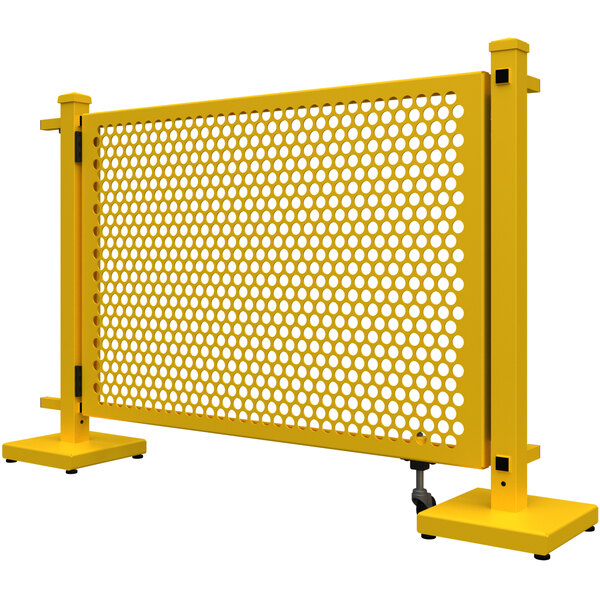 A bright yellow SelectSpace metal gate with a circle pattern.