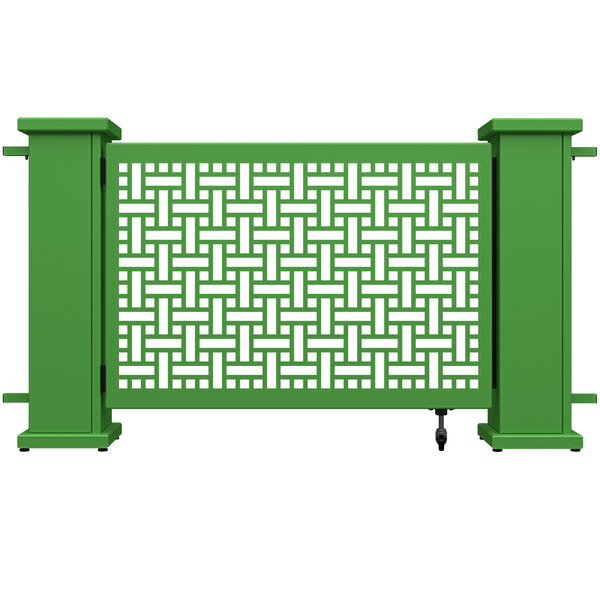 A green rectangular gate with a square weave pattern.