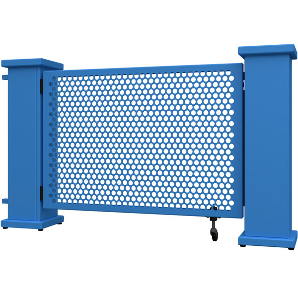 A sky blue metal gate with circle pattern and planter stands, with holes in it.