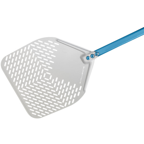 A white and blue anodized aluminum square pizza peel with a long handle.