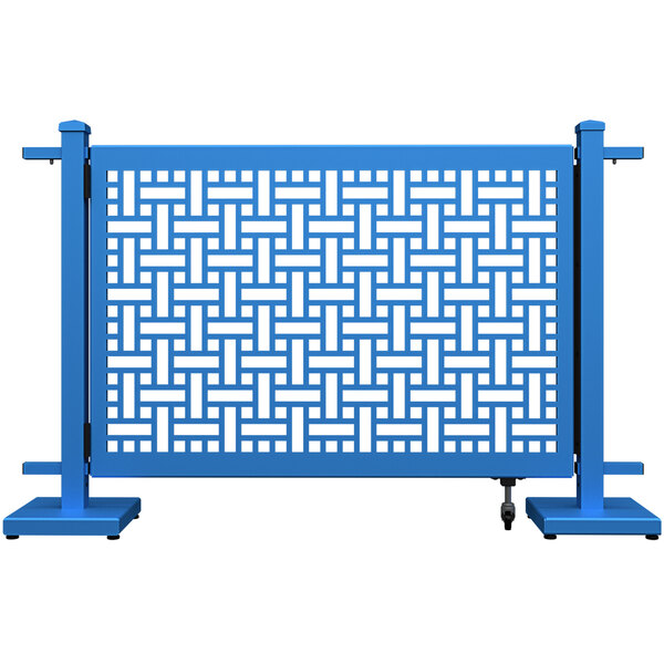 A blue square weave fence with white lines.