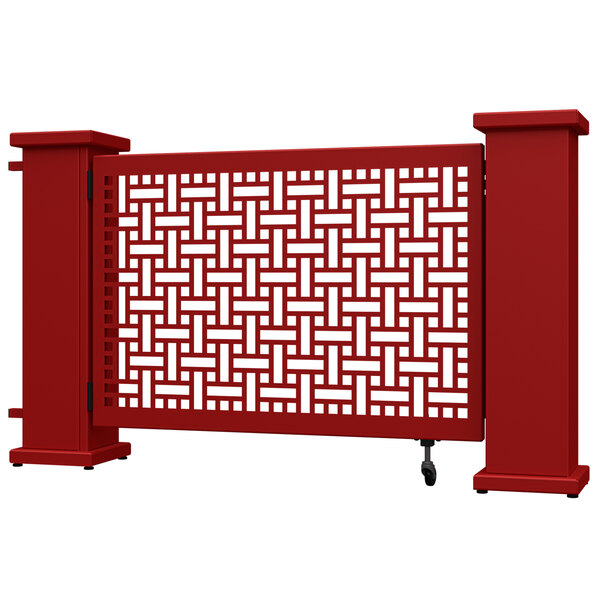 A red rectangular gate with a white square weave pattern.