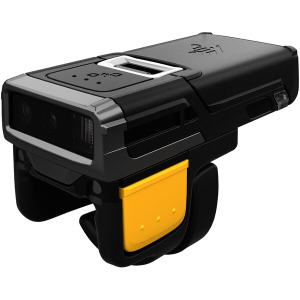 A black and yellow Zebra RS51B0 ring scanner with a yellow strap.