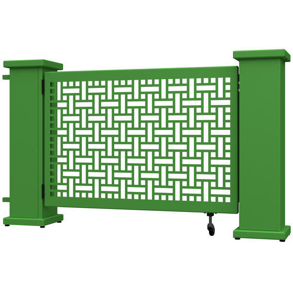 A green rectangular gate with a white square weave pattern.