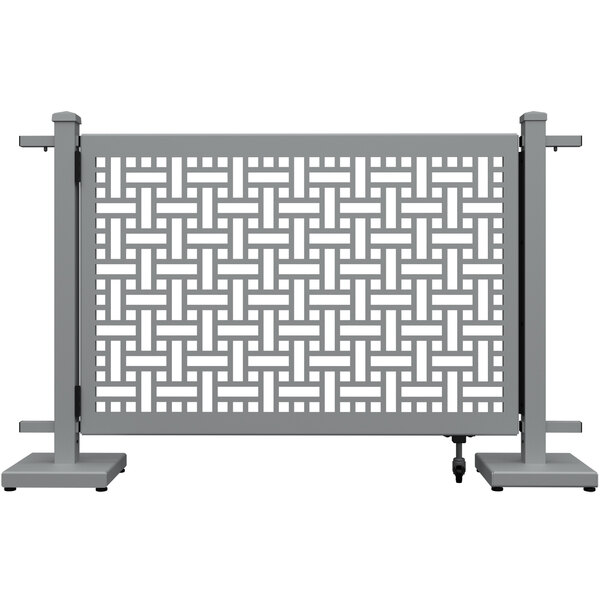 A grey metal gate with a square weave pattern.