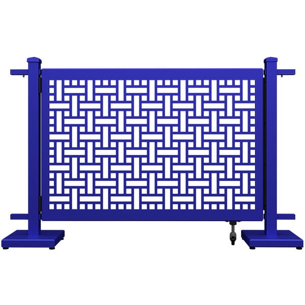 A blue metal gate with a square weave pattern.