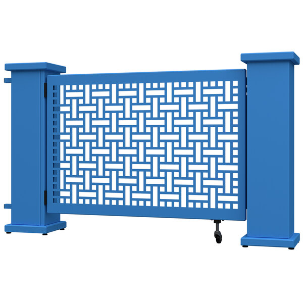 A sky blue metal square weave gate with white lines.