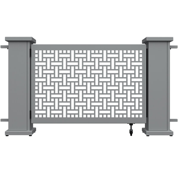 A grey rectangular gate with a white square weave pattern.