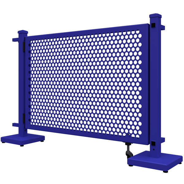 A royal blue metal SelectSpace gate with circle pattern and stands.