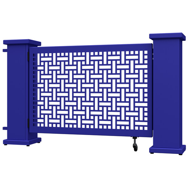 A royal blue metal fence with a white lattice design.