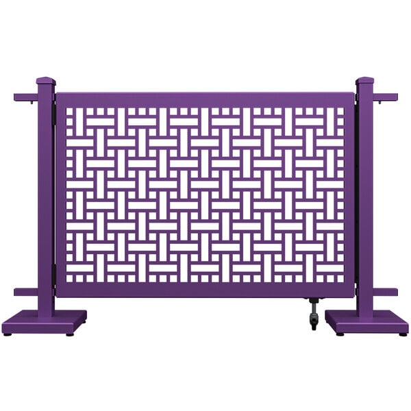 A purple rectangular fence with a square weave pattern and white stands.