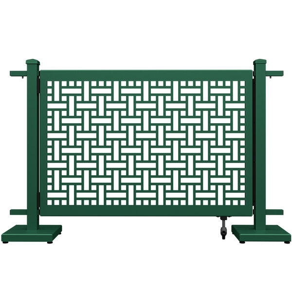 A forest green metal gate with a square weave pattern.