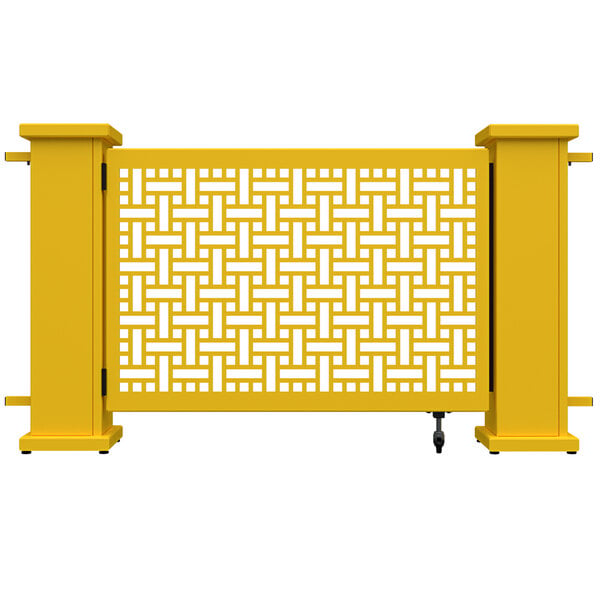 A bright yellow metal gate with a square weave pattern.