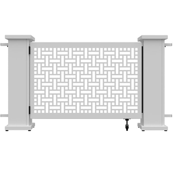 A white metal gate with a rectangular pattern of squares.