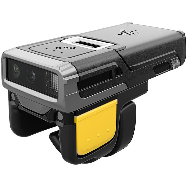 A Zebra RS51B0 barcode ring scanner with a black and yellow case.