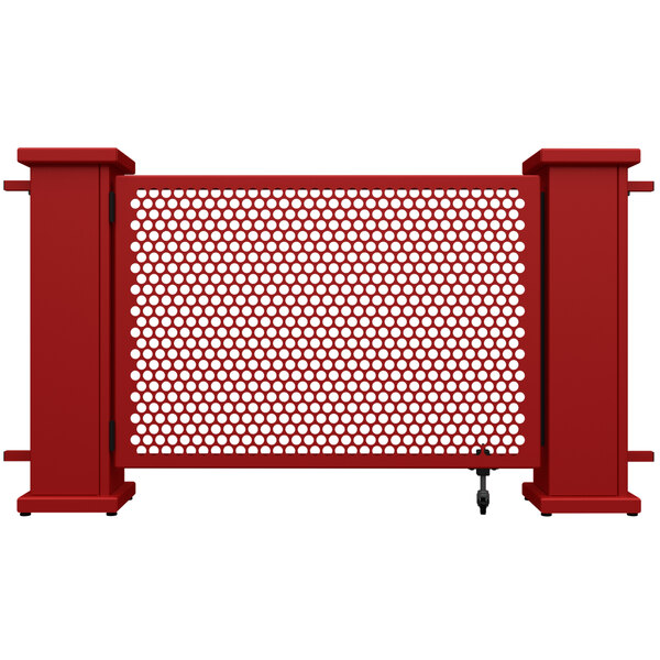 A red metal SelectSpace gate with white circle patterns.