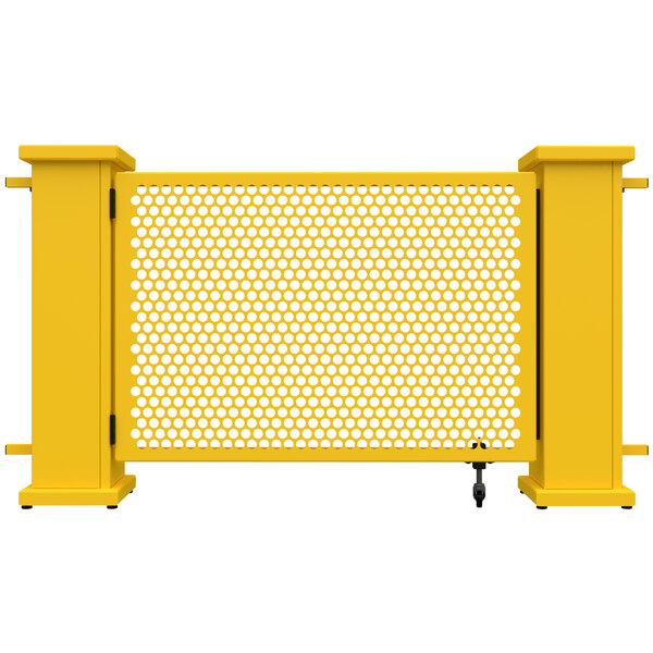 A yellow metal fence with a white circle pattern on the mesh.