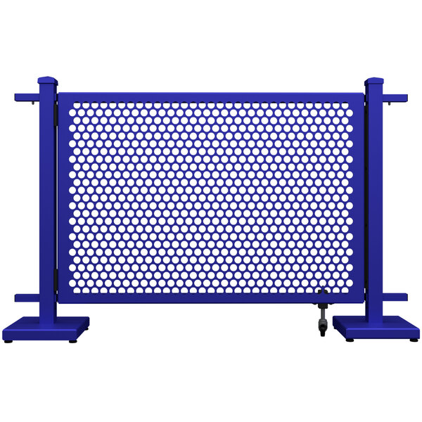 A royal blue metal gate with circle patterns and straight stands.