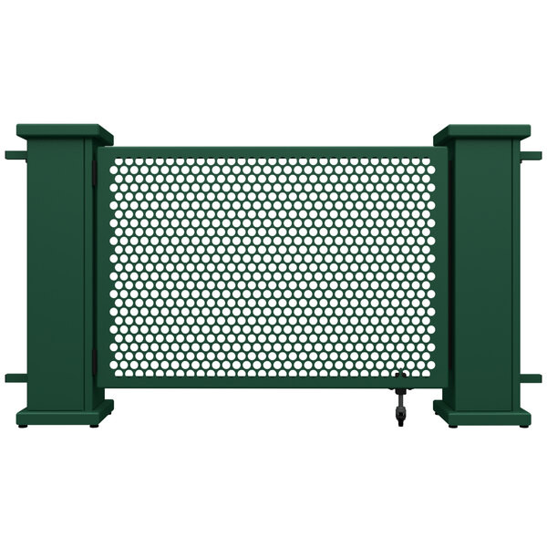 A green metal SelectSpace gate with circle pattern stands.