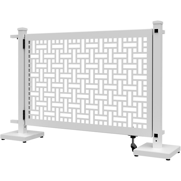 A white SelectSpace square weave pattern gate with straight and corner stands.