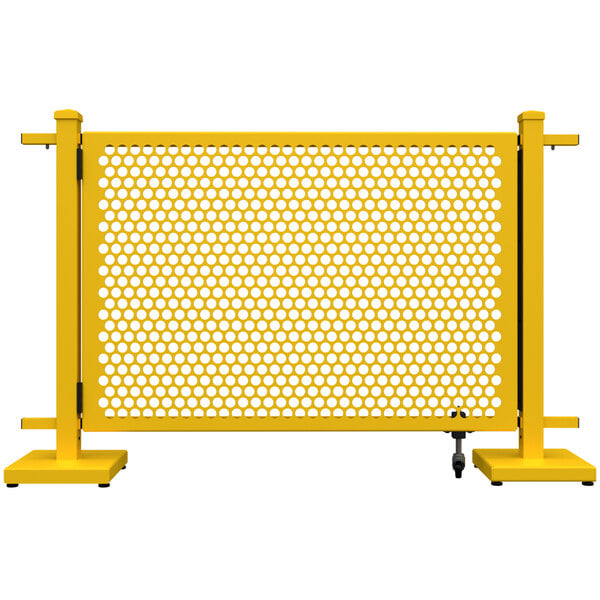 A yellow metal SelectSpace gate with a circle pattern and straight stands.