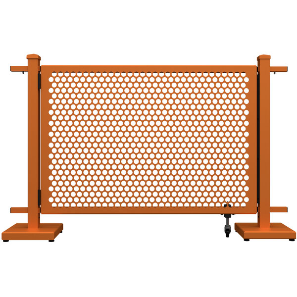 A burnt orange metal SelectSpace gate with a black base and circle pattern.