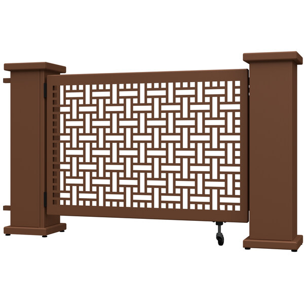A brown rectangular gate with a square weave pattern in white.
