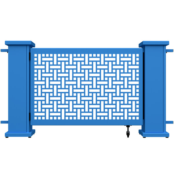 A sky blue rectangular fence with a white lattice pattern.