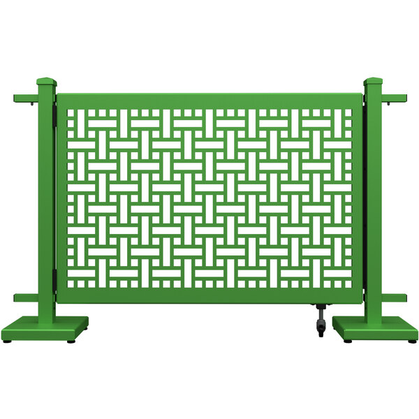 A green metal fence gate with a square weave pattern.