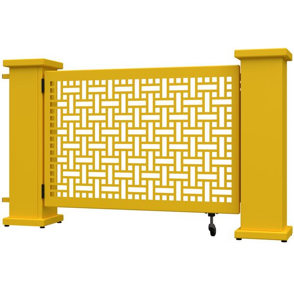 A bright yellow rectangular gate with a square weave pattern.
