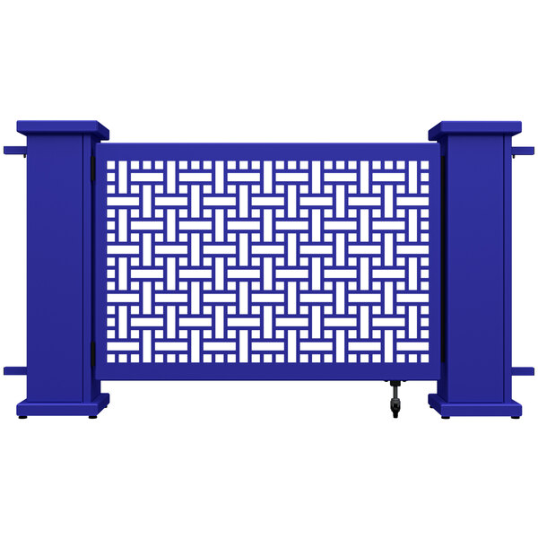 A royal blue square weave pattern gate with straight planter stands.