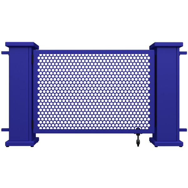 A blue metal rectangular fence with white circle patterns.
