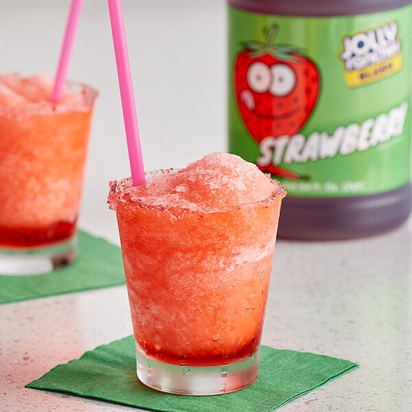 A two glasses of red Jolly Rancher strawberry slushy with straws.