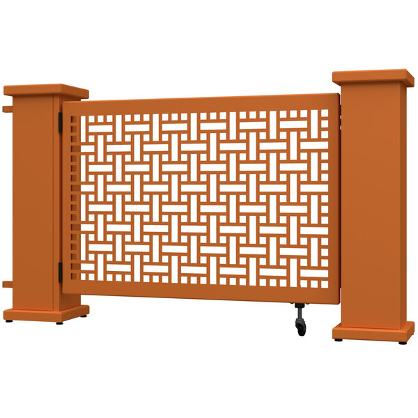 A burnt orange SelectSpace square weave gate with lattice design.
