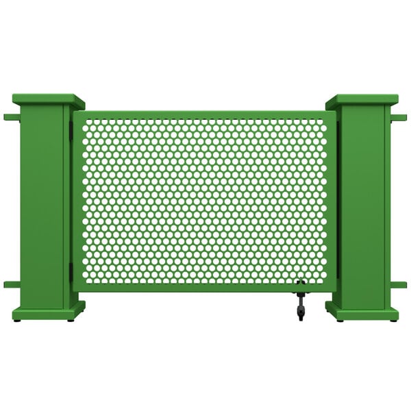 A green metal gate with a circle pattern and straight planter stands.
