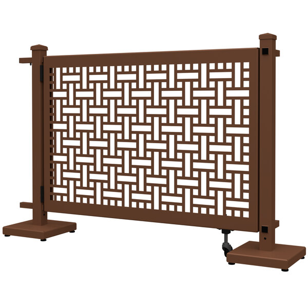 A brown square weave pattern gate for outdoor patio fencing.